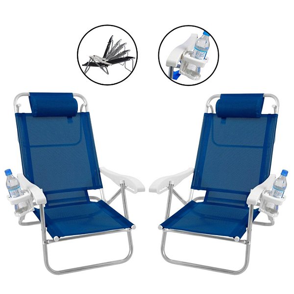 Kit 2 Cadeira Reclinável Top Line 5 Posições Com Almofada E Porta Copos Azul Marinho - Zaka
