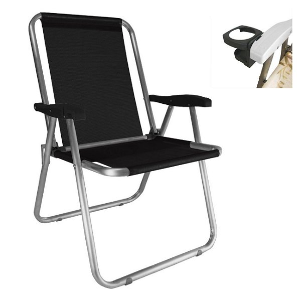 Cadeira Max Alumínio Praia Piscina Até 140Kg Porta Copos Térmico Lata Isopor Dobrável - Zaka - Preto