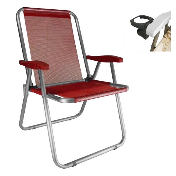 Cadeira Max Alumínio Praia Piscina Até 140Kg Porta Copos Térmico Lata Isopor Dobrável - Zaka - Vermelho