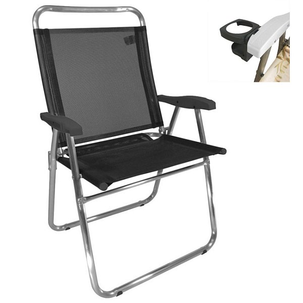 Cadeira De Praia King Oversize Alumínio Até 140Kg Porta Copos Térmico Lata Isopor Dobrável - Zaka - Preto