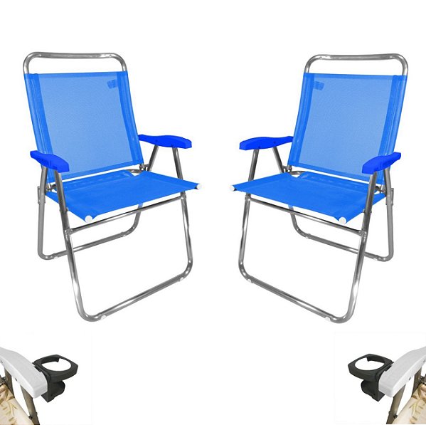 Kit 2 Cadeira De Praia King Oversize Alumínio Até 140Kg 2 Porta Copos Térmico Lata Isopor Dobrável - Zaka - Azul