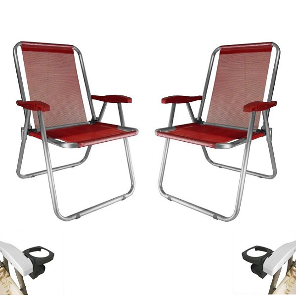Kit 2 Cadeira Max Alumínio Praia Piscina Até 140Kg 2 Porta Copos Térmico Lata Isopor Dobrável - Zaka - Vermelho
