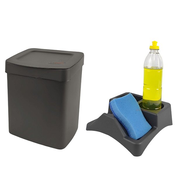 Kit Lixeira 2,5 Litros Cesto De Lixo Organizador De Pia Porta Detergente Cozinha Preto - Utility