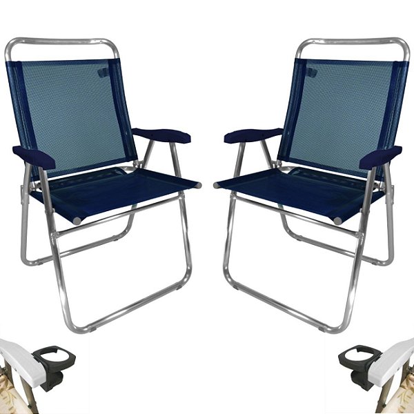 Kit 2 Cadeira De Praia King Oversize Alumínio Até 140Kg 2 Porta Copos Térmico Lata Isopor Dobrável - Zaka - Azul Marinho