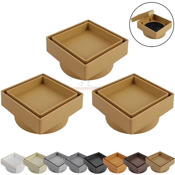 Kit 3 Ralo Oculto Invisível Quadrado 10x10cm Plástico Com Tela Para Banheiro - AMZ - Bege