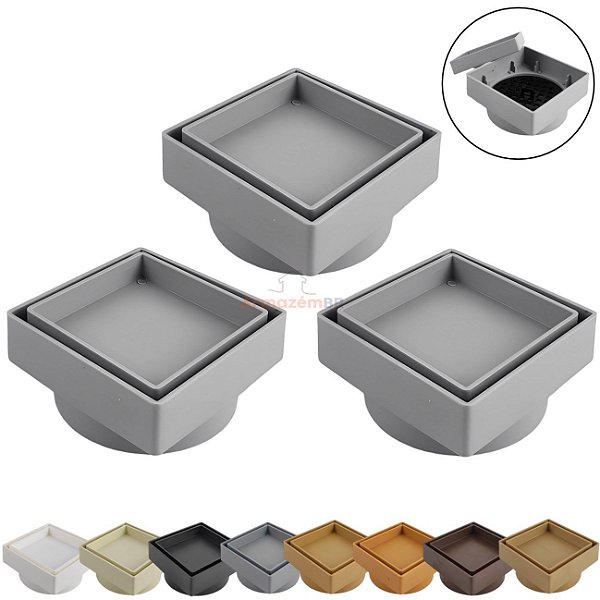 Kit 3 Ralo Oculto Invisível Quadrado 10x10cm Plástico Com Tela Para Banheiro - AMZ - Cinza Claro
