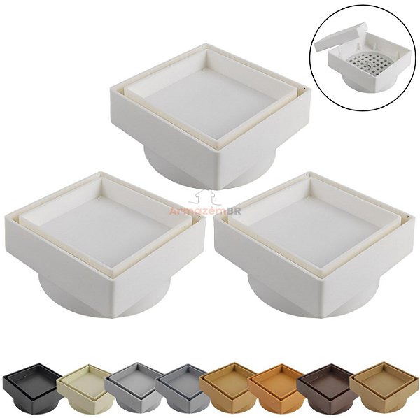Kit 3 Ralo Oculto Invisível Quadrado 10x10cm Plástico Com Tela Para Banheiro - AMZ - Branco