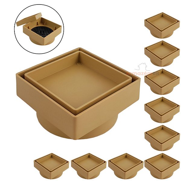 Kit 10 Ralo Oculto Invisível Quadrado 10x10cm Plástico Com Tela Para Banheiro - AMZ - Bege