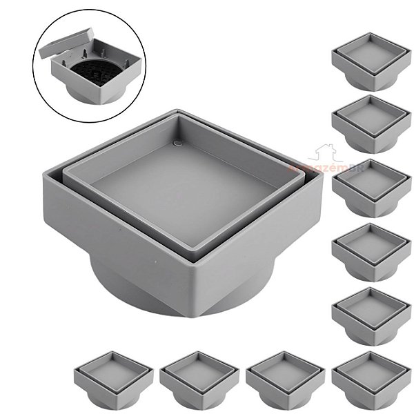 Kit 10 Ralo Oculto Invisível Quadrado 10x10cm Plástico Com Tela Para Banheiro - AMZ - Cinza Claro