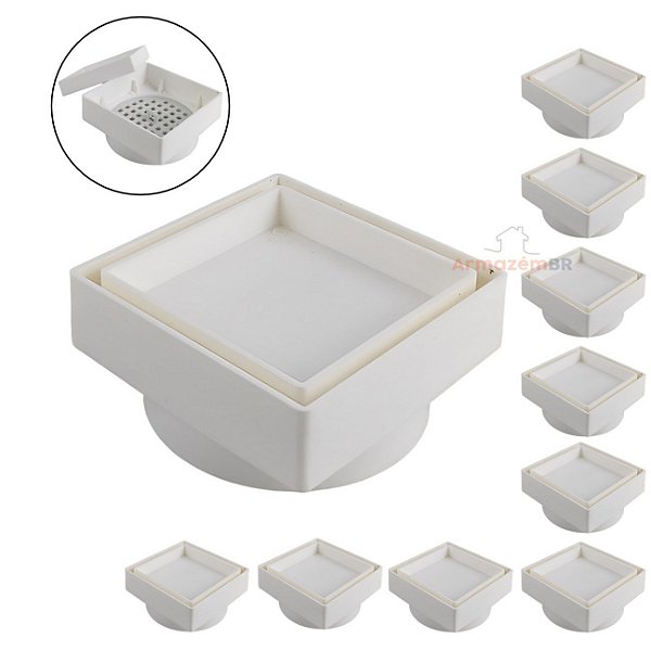 Kit 10 Ralo Oculto Invisível Quadrado 10x10cm Plástico Com Tela Para Banheiro - AMZ - Branco