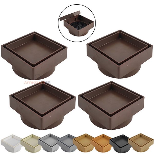 Kit 4 Ralo Oculto Invisível Quadrado 10x10cm Plástico Com Tela Para Banheiro - AMZ - Marrom