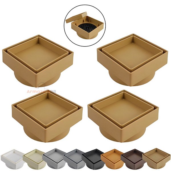 Kit 4 Ralo Oculto Invisível Quadrado 10x10cm Plástico Com Tela Para Banheiro - AMZ - Bege
