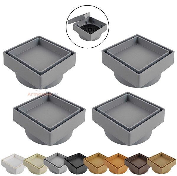 Kit 4 Ralo Oculto Invisível Quadrado 10x10cm Plástico Com Tela Para Banheiro - AMZ - Cinza Escuro