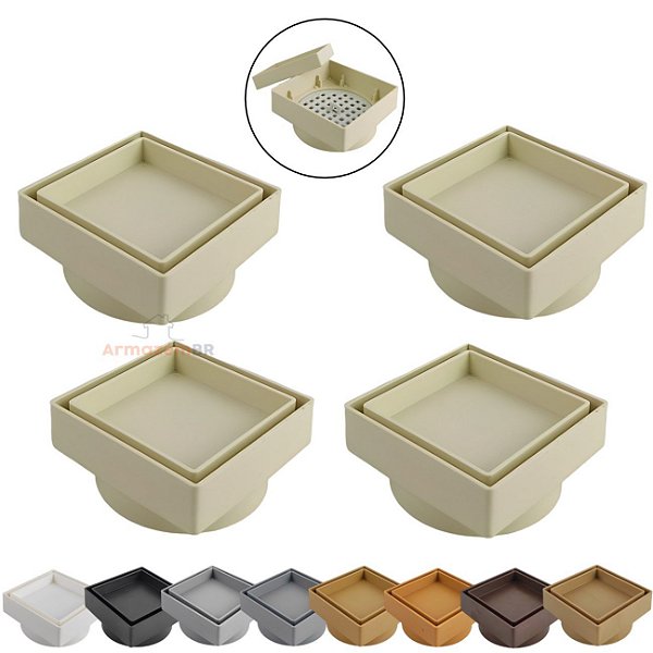 Kit 4 Ralo Oculto Invisível Quadrado 10x10cm Plástico Com Tela Para Banheiro - AMZ - Marfim