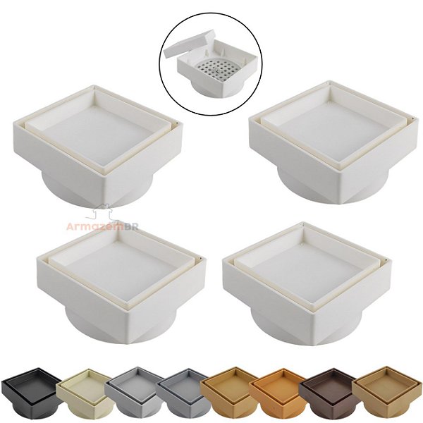 Kit 4 Ralo Oculto Invisível Quadrado 10x10cm Plástico Com Tela Para Banheiro - AMZ - Branco