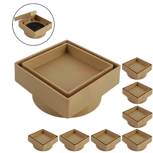 Kit 8 Ralo Oculto Invisível Quadrado 10x10cm Plástico Com Tela Para Banheiro - AMZ - Dourado