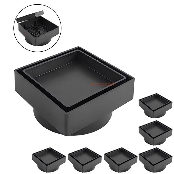 Kit 7 Ralo Oculto Invisível Quadrado 10x10cm Plástico Com Tela Para Banheiro - AMZ - Preto
