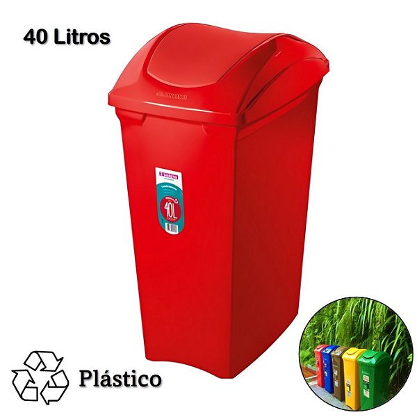 Lixeira 40 Litros Seletiva Vermelha Para Plástico Cesto De Lixo Tampa Basculante - SR64/22 Sanremo - Vermelho