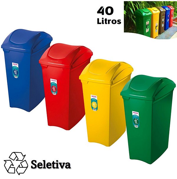 Kit 4 Lixeiras 40 Litros Seletivas Para Plástico Papel Metal Vidro Cesto De Lixo Tampa Basculante - Sanremo