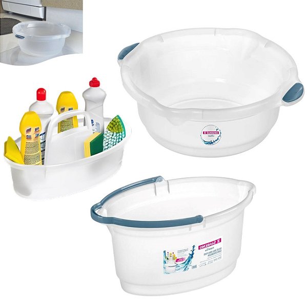 Kit Balde Cesto Oval 14 Litros Plástico Rodo Vassoura Bacia Limpeza Lavanderia Casa - Sanremo - Transparente