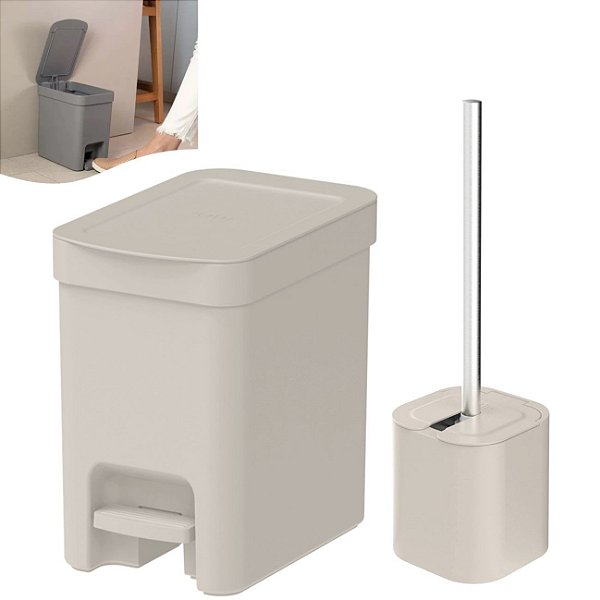 Kit Lixeira 6 Litros Com Pedal e Porta Escova Sanitária Bege Banheiro Trium - KTE 131 Ou - Bege