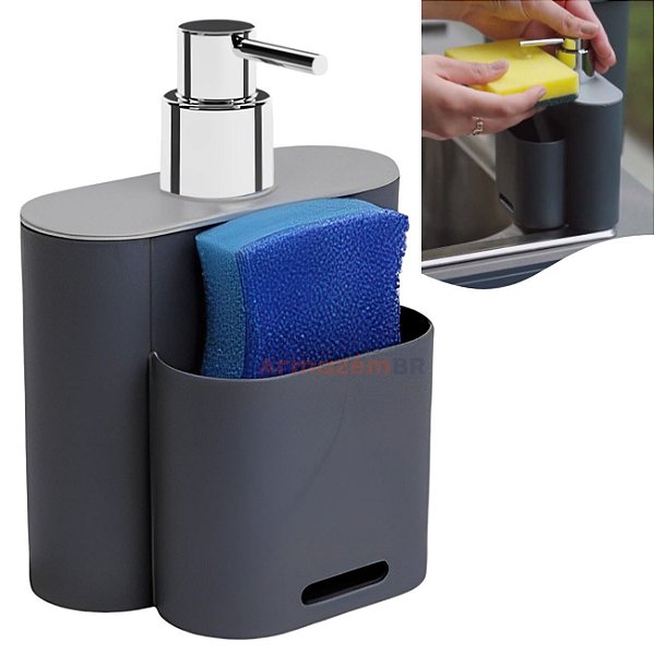 Dispenser Porta Detergente Líquido Esponja Organizador Cozinha Flat - 17002 Coza - Chumbo