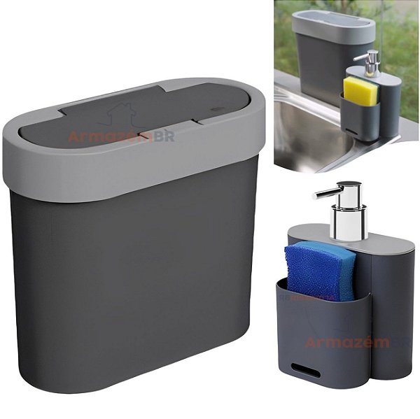 Kit Lixeira 2,8 Litros Cesto De Lixo Dispenser Porta Detergente Esponja Pia Cozinha Flat - Coza - Chumbo