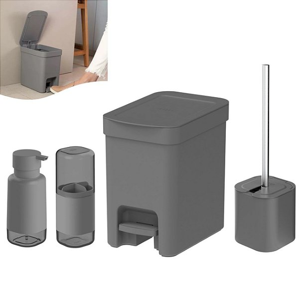 Kit Lixeira 6L Com Pedal Porta Escova Sanitária Dente Dispenser Sabonete Banheiro Chumbo - Ou - Chumbo