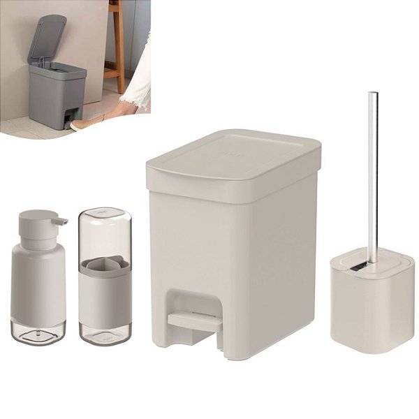 Kit Lixeira 6L Com Pedal Porta Escova Sanitária Dente Dispenser Sabonete Banheiro Bege - Ou - Bege
