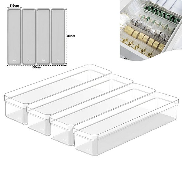 Kit 4 Organizador De Gaveta Armário Retangular Modular Plástico Multiuso Porta Utensílios Natural - Ou