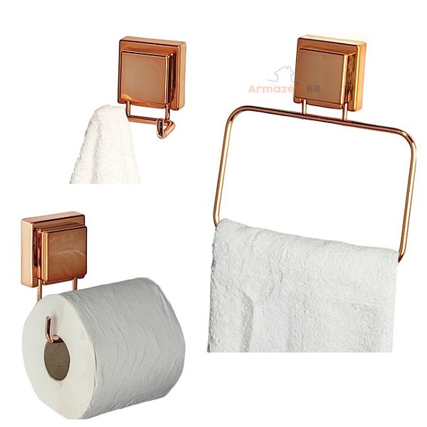 Kit Banheiro 3 Peças Toalheiro Argola 18cm Suporte Porta Papel Higiênico Gancho Duplo Ventosa Rose Gold - Future