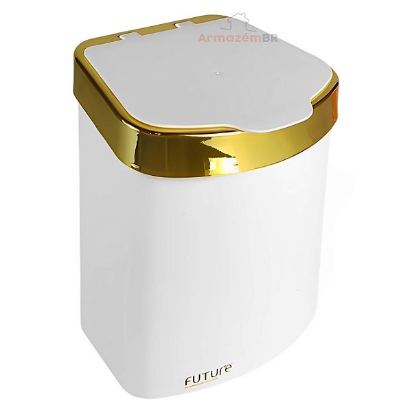 Lixeira 2,5 Litros Cesto Lixo Plástico Para Bancada Pia Cozinha Branco Dourado - 521BCD Future - Branco