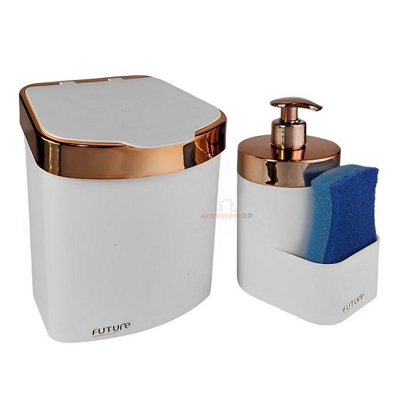 Kit Lixeira 2,5L Dispenser Porta Detergente Líquido Esponja Para Pia Cozinha Branco Rose Gold - Future - Branco