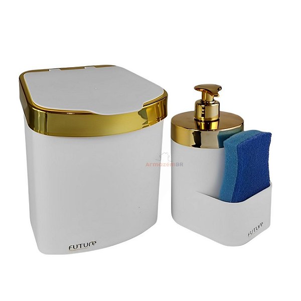 Kit Lixeira 2,5L Dispenser Porta Detergente Líquido Esponja Para Pia Cozinha Branco Dourado - Future - Branco