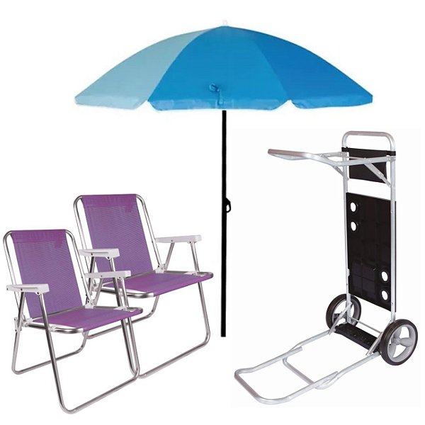 Kit Guarda Sol 1,8m Carrinho De Praia Com Avanço 2 Cadeira Alta Piscina Camping - Mor - Lilás