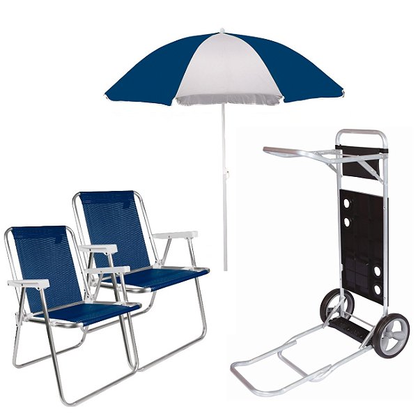 Kit Guarda Sol 1,8m Carrinho De Praia Com Avanço 2 Cadeira Alta Piscina Camping - Mor - Azul Marinho