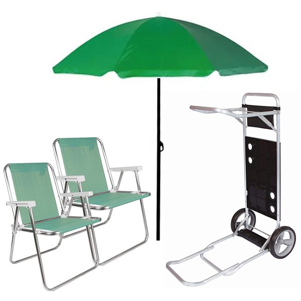 Kit Guarda Sol 1,8m Carrinho De Praia Com Avanço 2 Cadeira Alta Piscina Camping - Mor - Verde