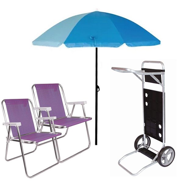 Kit Guarda Sol 1,8m Carrinho De Praia Simples 2 Cadeira Alta Piscina Camping - Mor - Lilás