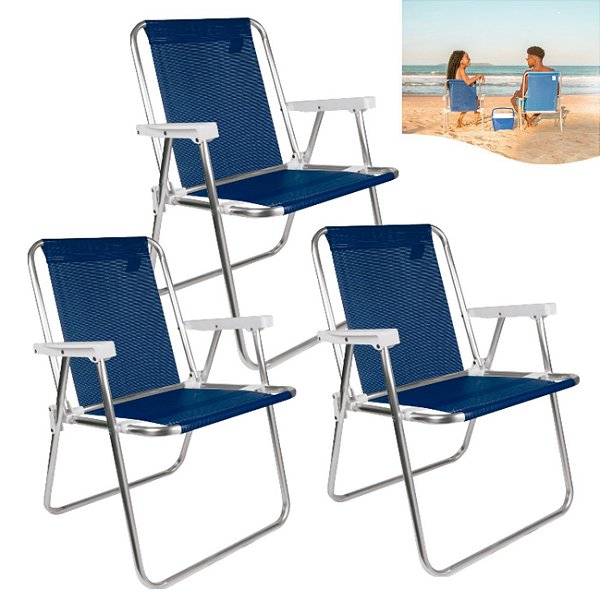 Kit 3 Cadeira Alta Sannet Em Alumínio Para Praia Camping Piscina Azul Marinho - Mor