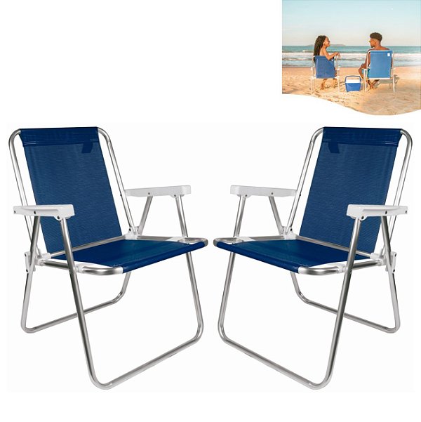 Kit 2 Cadeira Alta Sannet Em Alumínio Para Praia Camping Piscina Azul Marinho - Mor