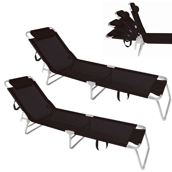 Kit 2 Cadeira Espreguiçadeira 4 Posições Em Alumínio Para Jardim Praia Piscina Preta - Mor