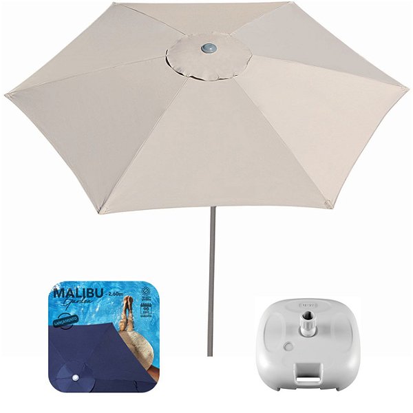 Kit Ombrelone Guarda Sol 2,6m Alumínio Malibu Garden Bege Com Base Plástica Branca - Tobee