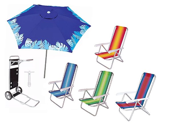 Kit Guarda Sol Ombrelone 2,4m Azul Carrinho Praia Avanço 4 Cadeira Reclinável 4 Posições Saca Areia - Tobee