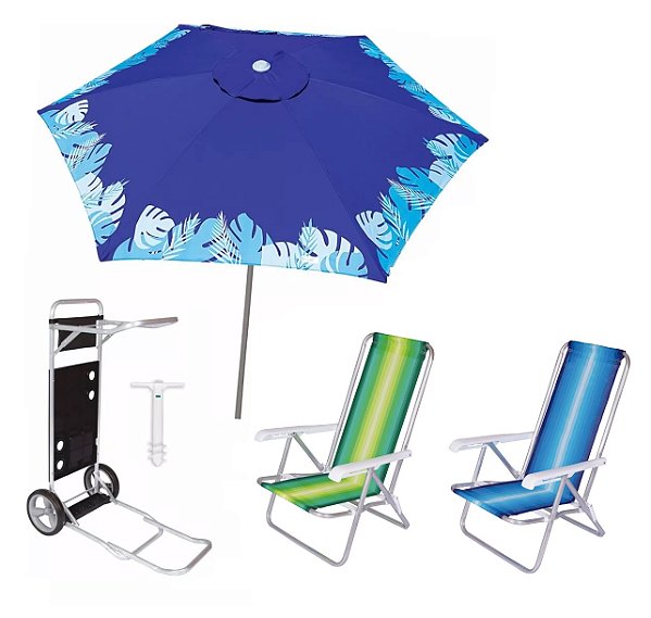 Kit Guarda Sol Ombrelone 2,4m Azul Carrinho Praia Avanço 2 Cadeira Reclinável 4 Posições Saca Areia - Tobee