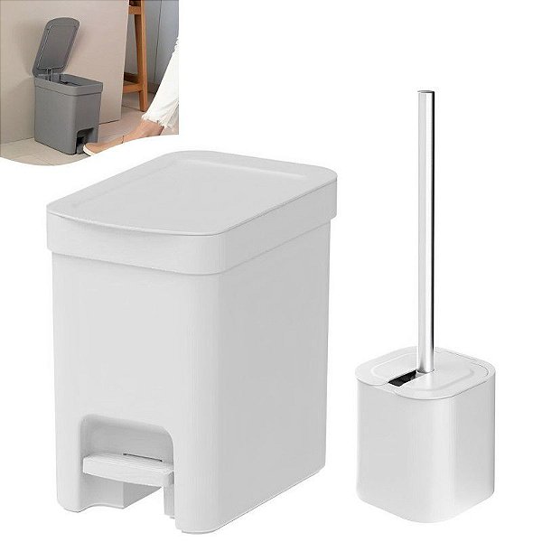 Kit Lixeira 6 Litros Com Pedal e Porta Escova Sanitária Bege Banheiro Trium Branco - KTE 131 Ou