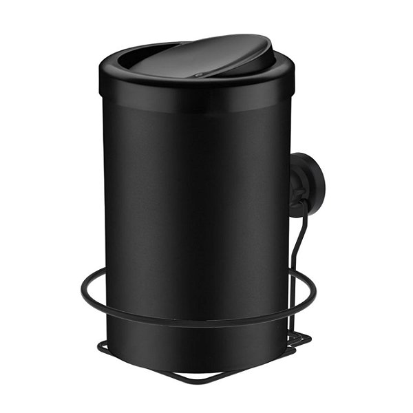 Kit Lixeira 8 Litros Basculante Com Suporte De Ventosa Para Banheiro Cozinha Preto - Future