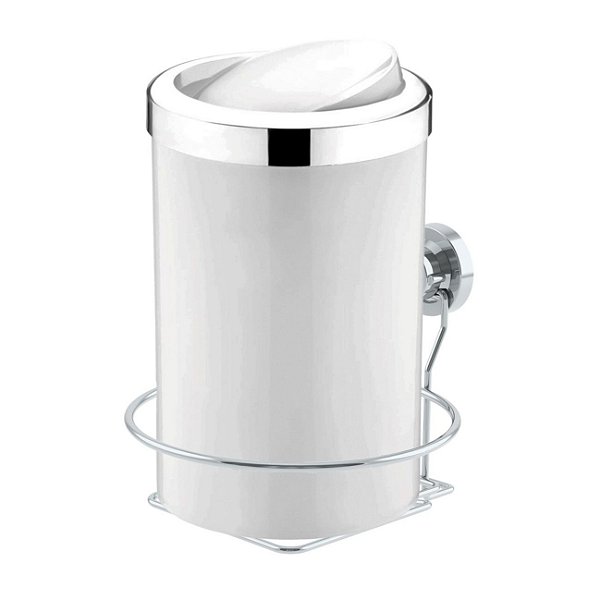 Kit Lixeira 8 Litros Basculante Com Suporte De Ventosa Para Banheiro Cozinha Branco Cromado - Future
