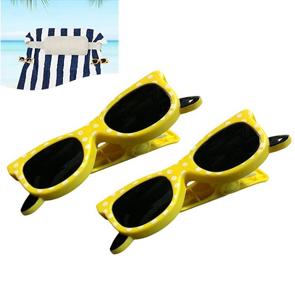 Kit 2 Prendedores De Toalha Modelo Óculos Clip Amarelo Para Cadeira De Praia Varal - AMZ