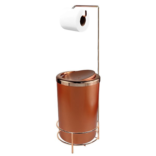 Kit Suporte Porta Papel Higiênico Com Lixeira 8L Tampa Basculante De Banheiro Cozinha Rose Gold - AMZ