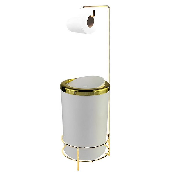 Kit Suporte Porta Papel Higiênico Com Lixeira 8L Tampa Basculante De Cozinha Banheiro Dourado - AMZ
